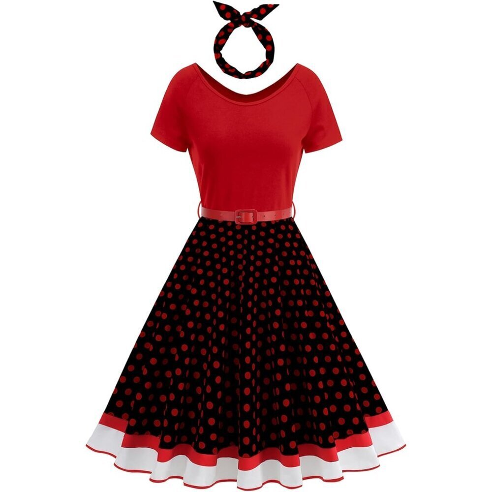 Vintage 1950s Dress Retro Polka Dot Cocktail Swing Dress with Headband